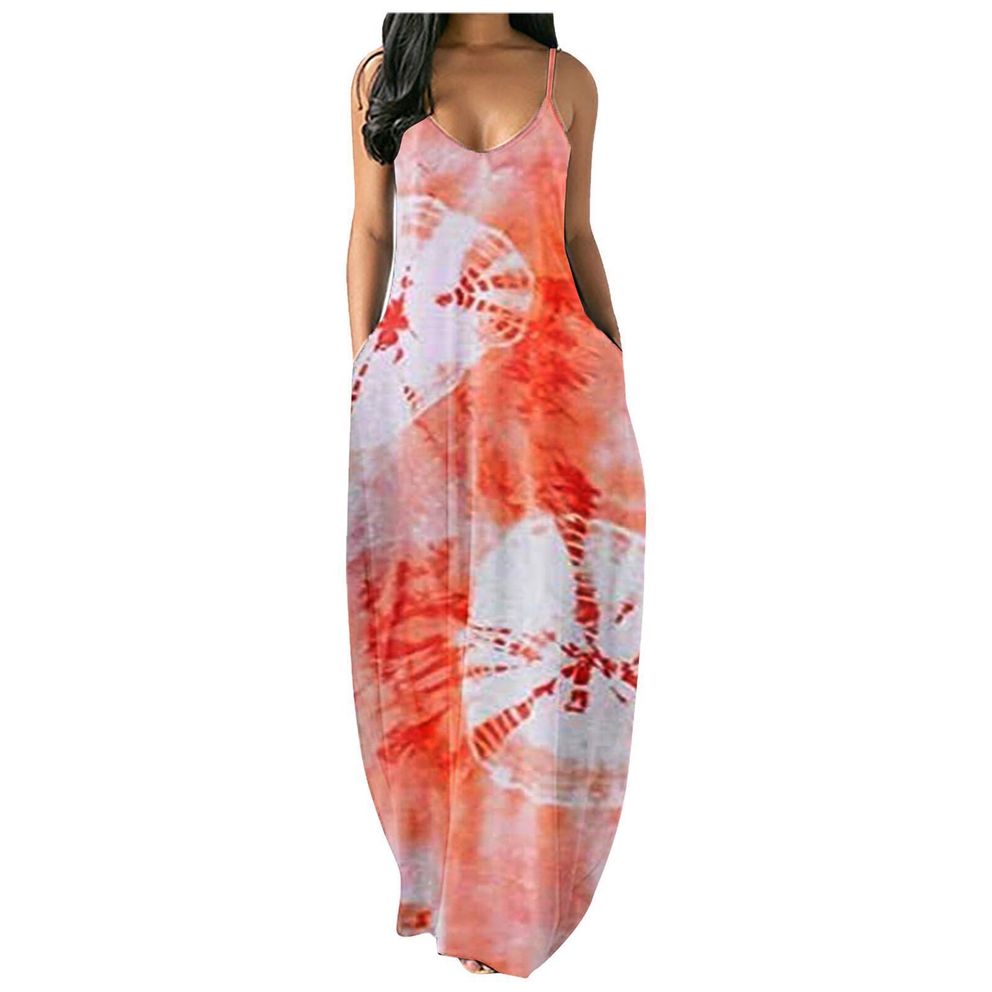 Tie Dye Print Loose U Neck Sling Dress Wholesale Maxi Dresses