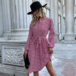 Printed Long Sleeve Lace-Up Pleated Dress Wholesale Dresses
