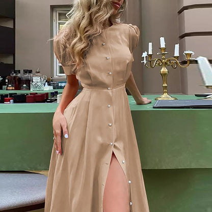 Solid Color Casual Puff Sleeve Single-Breasted Split Midi Dress Wholesale Dresses