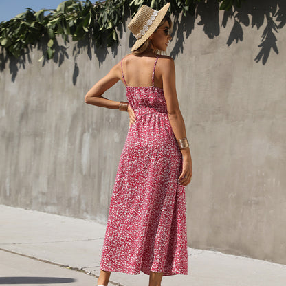 V-Neck Floral Print Lace-Up Resort Sundresses Slit Sling Swing Dress Sexy Wholesale Maxi Dresses