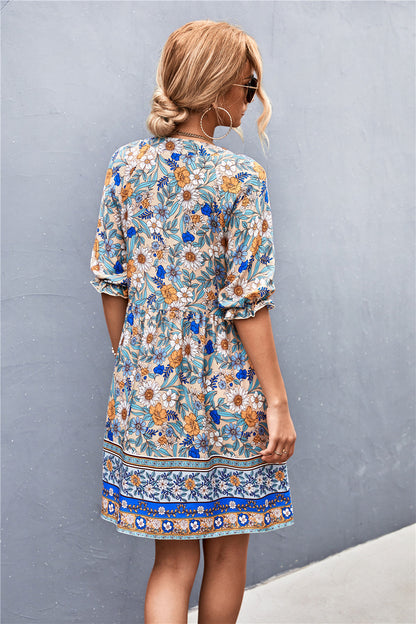 Boho Style Print Puff Sleeve V Neck Resort Dresses Sexy Wholesae Bohemian Dress For Women