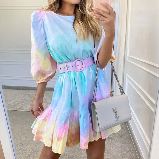 Fashion Gradient Print Puff Sleeve Ruffled Waist Slim Dress Wholesale Dresses