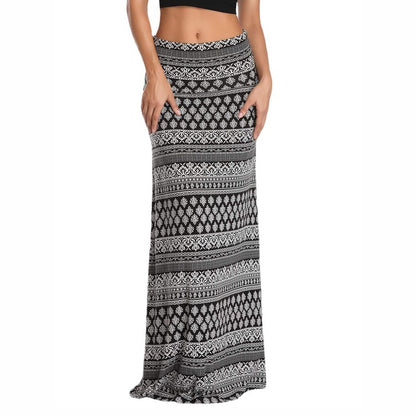 Ethnic Style Printed High Waist Long A-Line Dresses Wide Swing Wholesale Skirts Bohemian