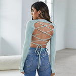 Halter Back Wholesale Crop Tops Long-Sleeved Sexy Tieback Design