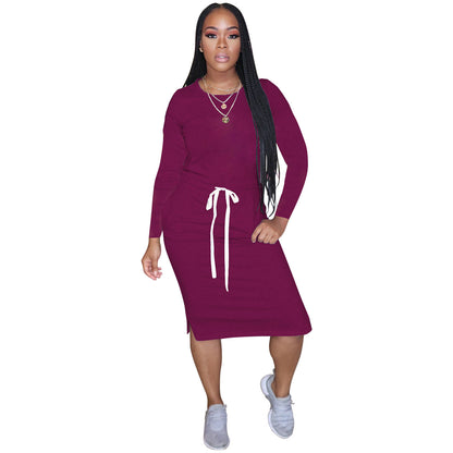 Simple Solid Color Long Sleeve Slit Design Casual Dresses Womens T Shirt Dress Wholesale