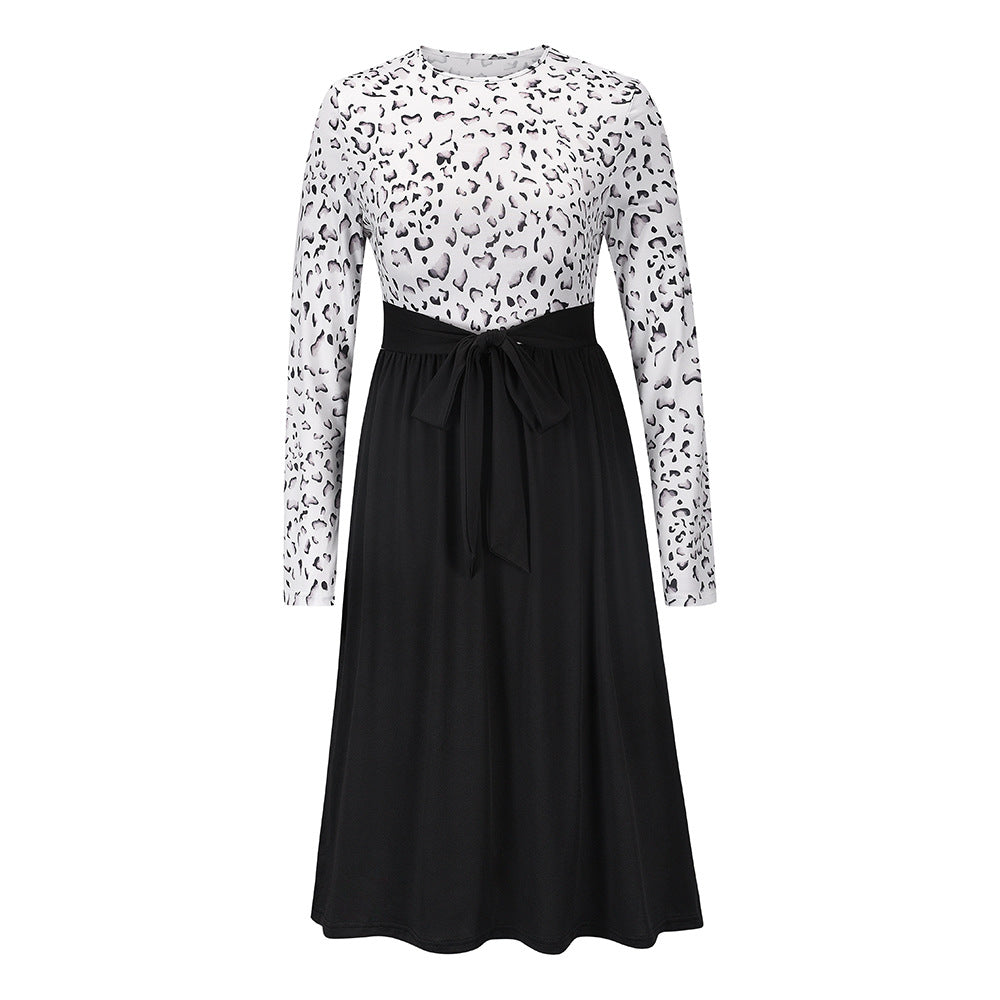 New Women Autumn And Winter Leopard Print Stitching High Waist Slim Dress