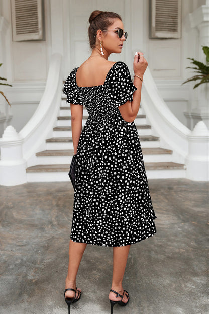 Dot Print Wide Neck Puff Sleeve High Waist Midi Dress Casual Wholesale Dresses