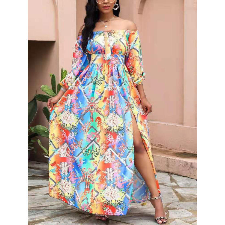 Sexy Wrap Print Slit Maxi Dress V Neck Off-Shoulder Long Sleeve Wholesale Dresses