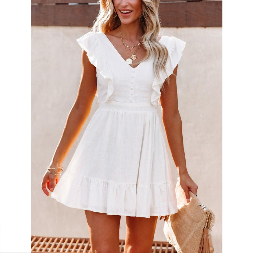 V-Neck Ruffled Open Back Sleeveless Button Down Dress Wholesale Dresses