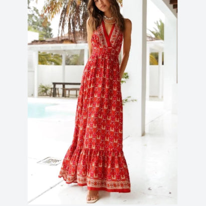 Open Back Printed Resort Slip Maxi Dresses Wholesale Bohemian Dress For Women