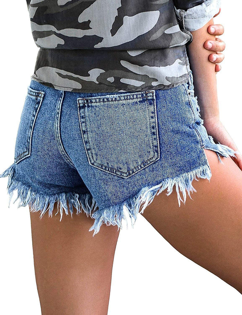 Women's Casual Wholesale Denim Frayed Raw Hem Ripped Jeans Shorts
