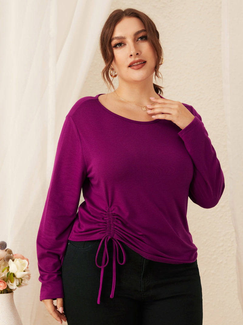 Casual Crew Neck Drawstring Top Solid Color Long Sleeve Wholesale Plus Size Clothing