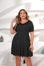 Solid Color V-Neck Short Sleeve Casual Pleated Smocked Curve Dress Wholesale Plus Size Clothing