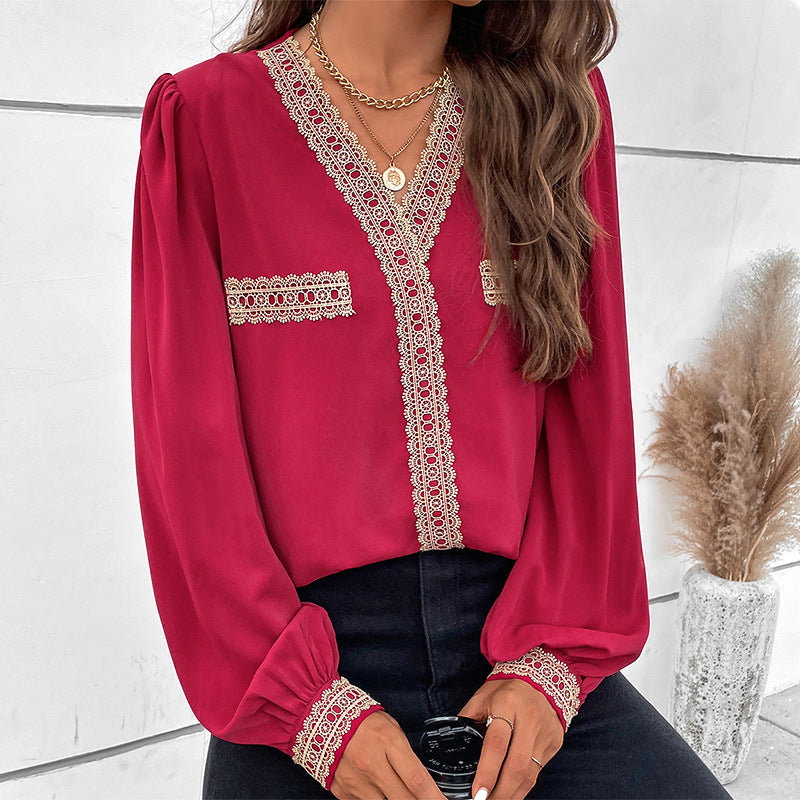 Casual V Neck Lace Patchwork Blouse Wholesale Womens Long Sleeve T Shirts