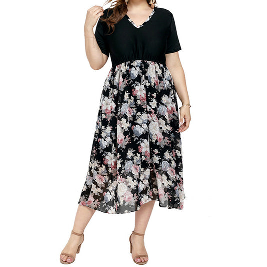 Floral Print V-Neck Short Sleeve Chiffon Mid-Length Casual Curve Dresses Wholesale Plus Size Clothing