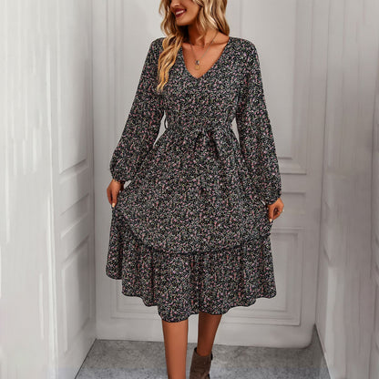 Printed V Neck Long Sleeve Tie-Up Waist Swing Dress Wholesale Dresses