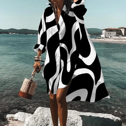 Casual V-Neck Irregular Dress Long Sleeve Vacation Loose Print Wholesale Dresses