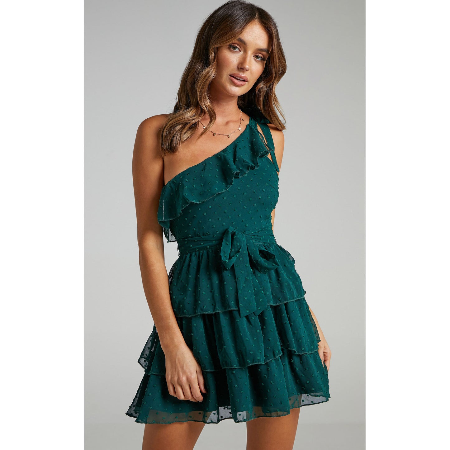 Solid Color Slanted Shoulder Flocking Lace-Up Smocked Cake Mini Dress Sexy Wholesale Dresses Chiffon