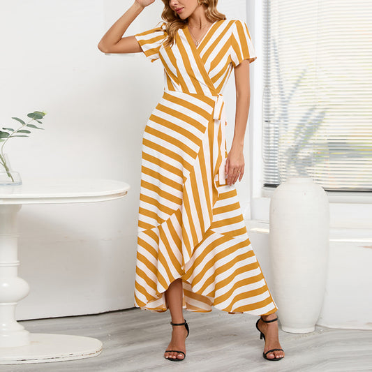 Fashion Slim Striped Swing Ruffle Wrap Dress Wholesale Maxi Dresses