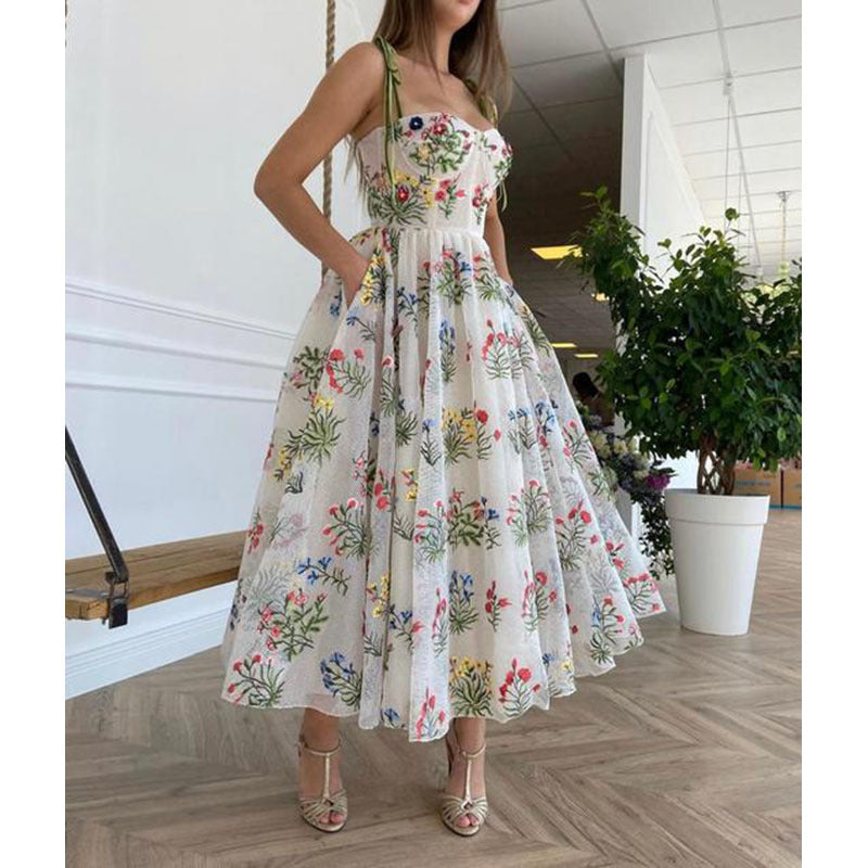 Nipped Waist Floral Embroidering Sundresses Sexy Strap Sling Mid-Length Party Fluffy Dress Wholesale Dresses