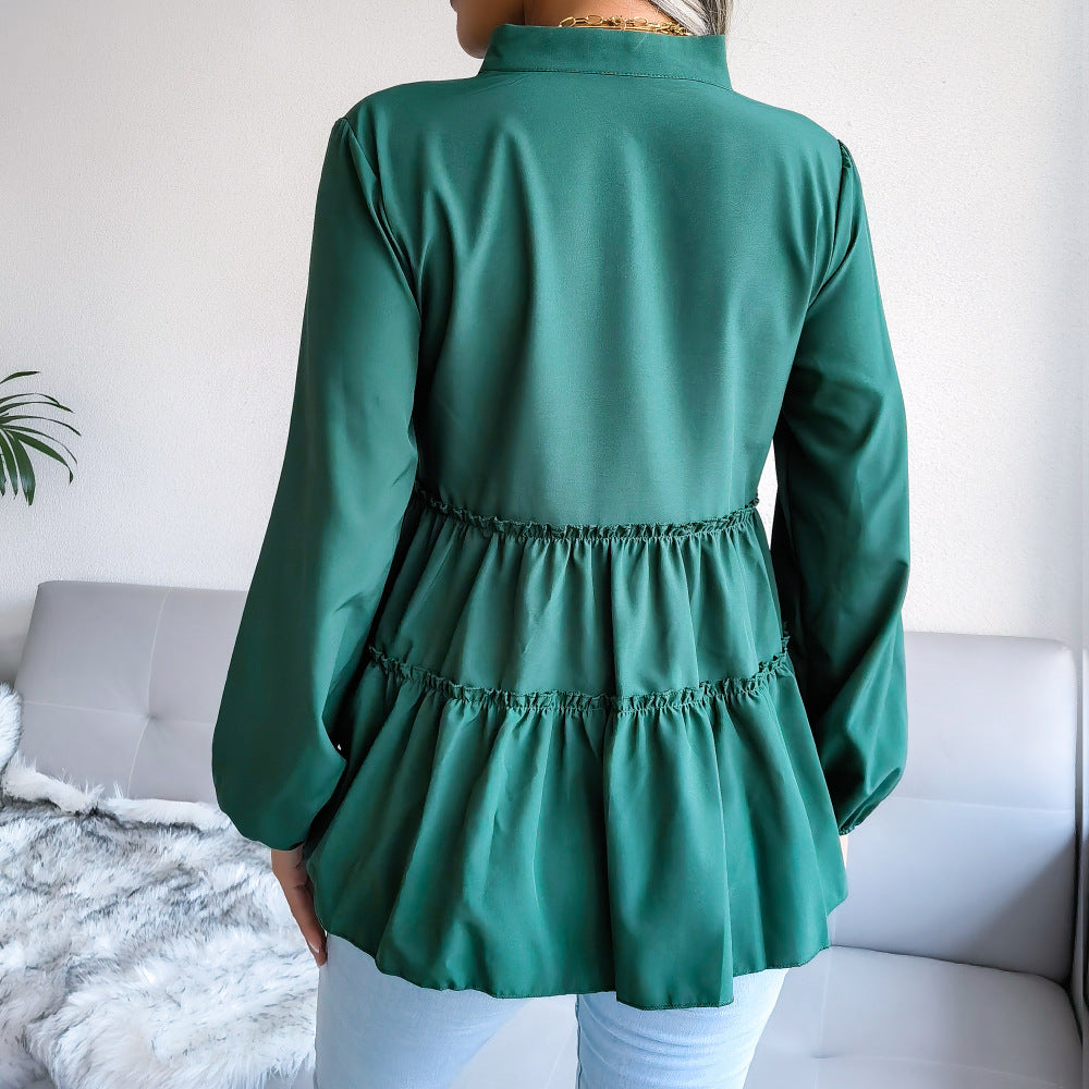 Solid Color Lantern Sleeve Casual Loose Ruffled Chiffon Blouse Wholesale T Shirts