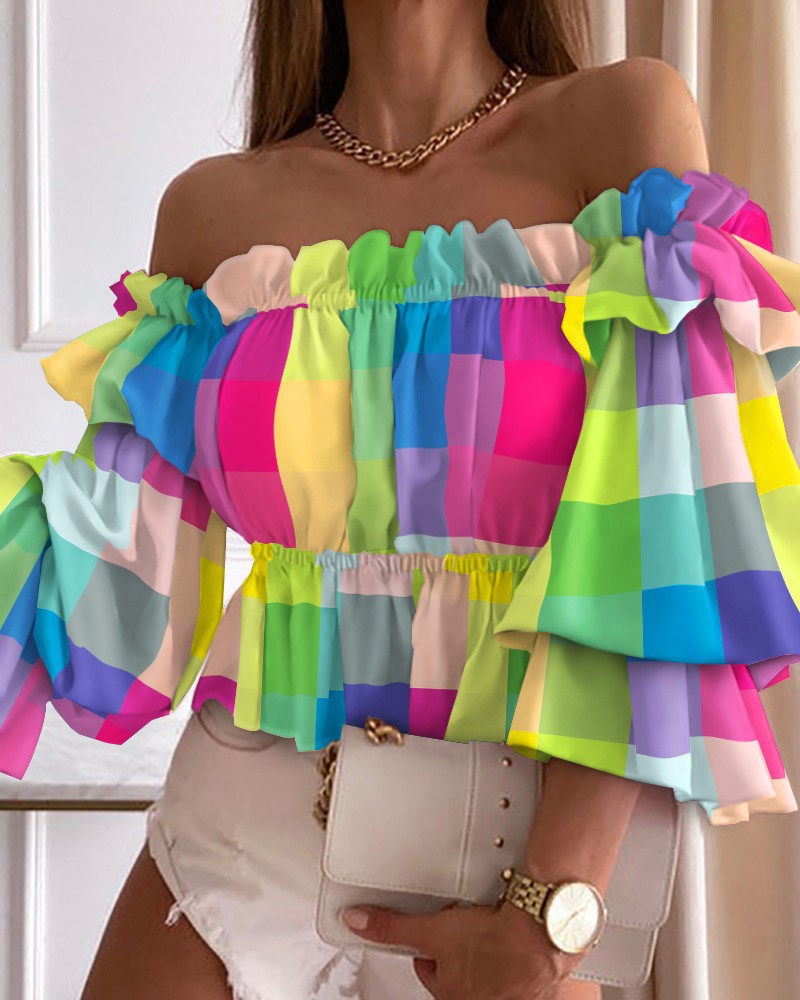 Fashion Off Shoulder Printed Sexy Ruffles Waist Elastic Shirts Wholesale Crop Tops ST531871