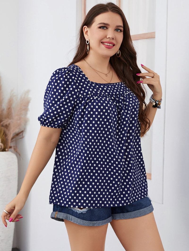 Polka Dot Print Square Neck Puff Sleeve Wholesale Plus Size Tops