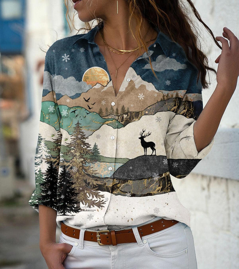 Fashion Casual Print Tops Single Breasted Lapel Wholesale Womens Long Sleeve T Shirts