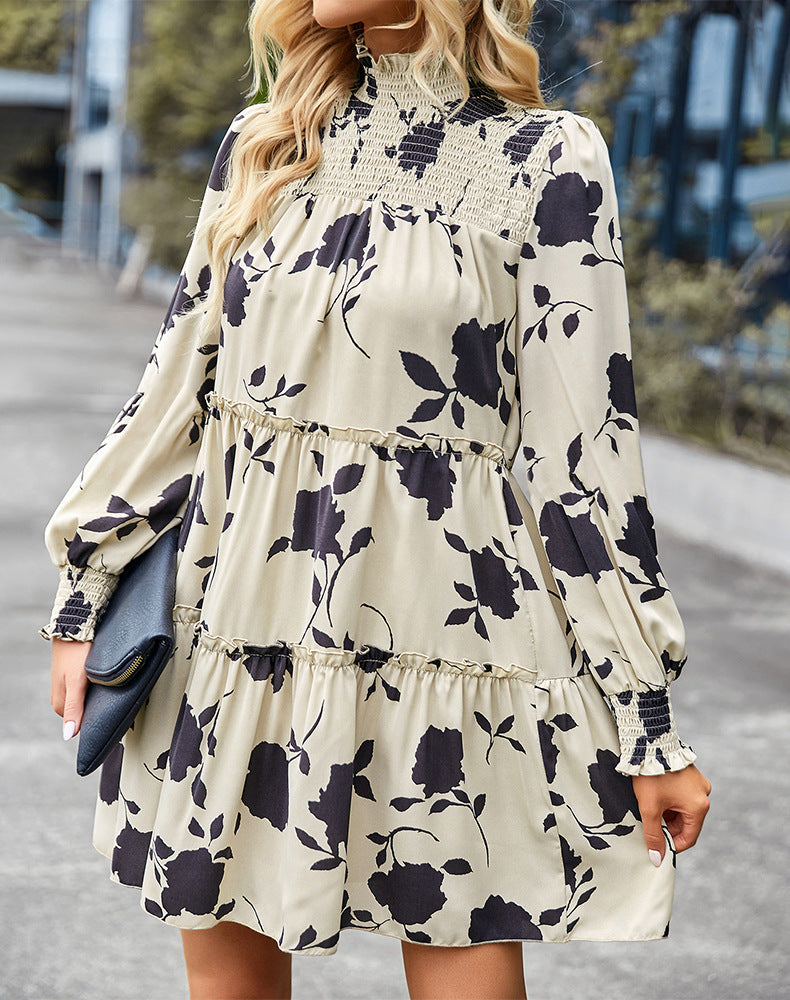 Elegant Print Long Sleeve Dress High Waist Loose Wholesale Dresses