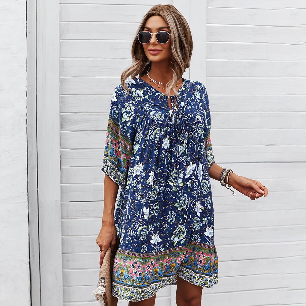 Loose Floral Printed Wholesale Dresses Short Sleeve Casual Dress