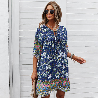 Loose Floral Printed Wholesale Dresses Short Sleeve Casual Dress