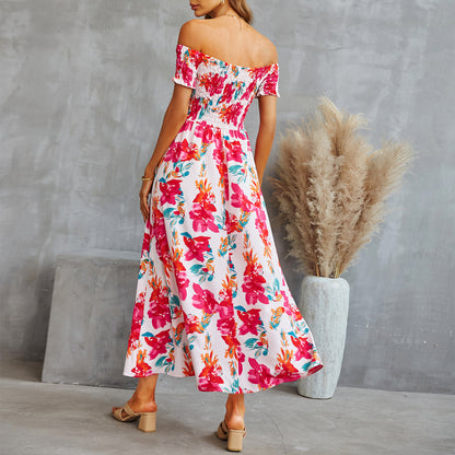 Floral Printed Elastic Wrap Chest Split High Waist Vacation Swing Dress Off Shoulder Wholesale Dresses