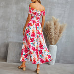Floral Printed Elastic Wrap Chest Split High Waist Vacation Swing Dress Off Shoulder Wholesale Dresses