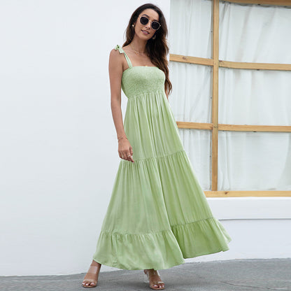 Solid Color Summer Linen Sling Lace-Up Wide Swing Smocked Dress Vacation Wholesale Maxi Dresses