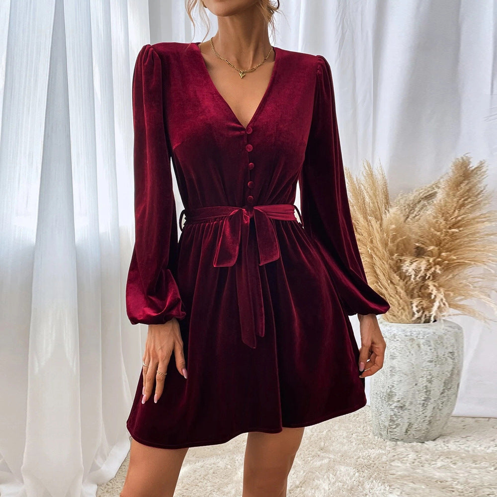 V-Neck Tie-Up Waist Long-Sleeve A-Line Dress Wholesale Dresses