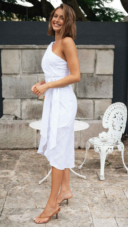 One Shoulder Sleeveless Waist Knotted Slit Midi White Dress Wholesale Dresses