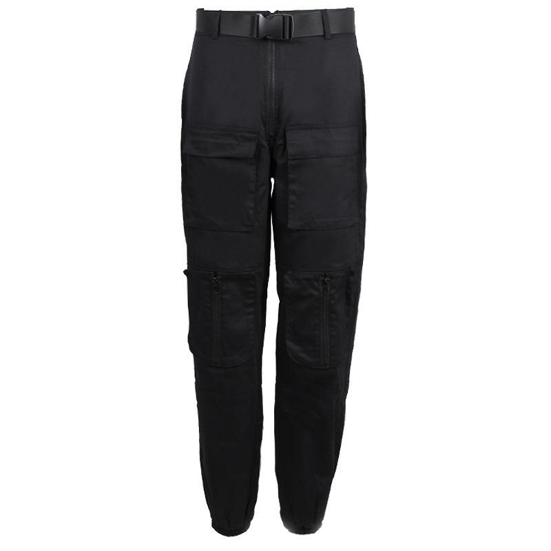 Solid Pocket Belt Up High Waist Zipper Overalls