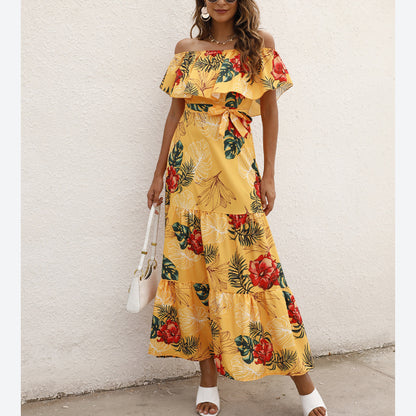 Leopard & Floral Printed Ruffled Off Shoulder Wide Lapel Resort Dress Wholesale Maxi Dresses