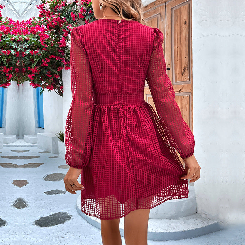 Low Cut Grid Stitching Slim Solid Color Temperament Midi Dress Wholesale Dresses