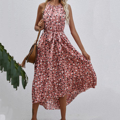 Halterneck Polka Dot Print Sleeveless Irregular Hem Tie-Up Swing Ruffle Dress Resort Casual Wholesale Dresses