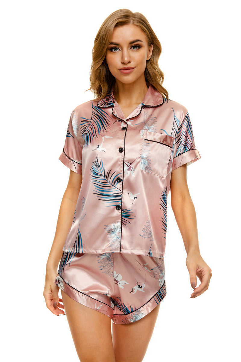 Printed Satin Shirts & Shorts Casual 2pcs Suits Homewear Womens Pajamas Wholesale Loungewear Sets