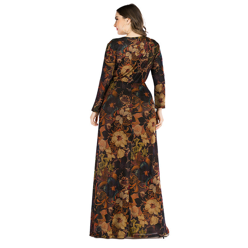 Wholesale Plus Size Women'S Clothing Long Sleeve Printed Round Neck Simple Long Swing Dress