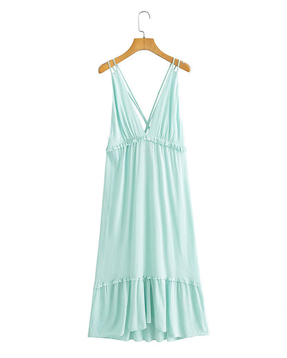 Deep V-Neck Solid Color Backless Sling Irregular Hem Ruffled Dress Vacation Wholesale Dresses