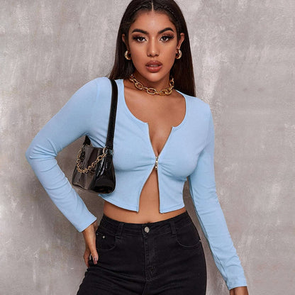 Regular Zipper Knitting O-neck Crop Top