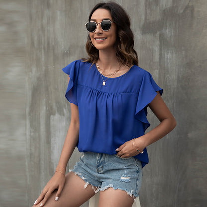 Crew Neck Loose Pleated Lotus Leaf Sleeve Chiffon Blouse Casual Wholesale Women'S T Shirts ST55561