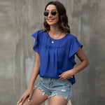 Crew Neck Loose Pleated Lotus Leaf Sleeve Chiffon Blouse Casual Wholesale Women'S T Shirts ST55561