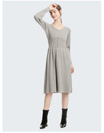 Solid Color V Neck Button Design Wholesale Jersey Dresses Mid Length Sweater Dress Elegant