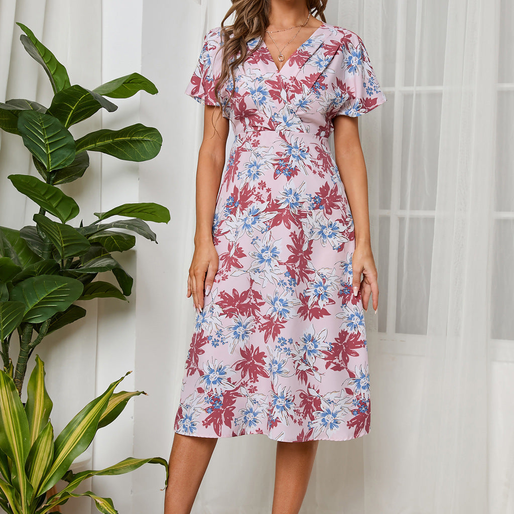 Floral Printed Chiffon V-Neck Short Sleeve Wide Swing Wholesale Dresses Midi Dress Elegant