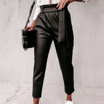 PU Leather Solid Color Casual Trousers Wholesale Pants