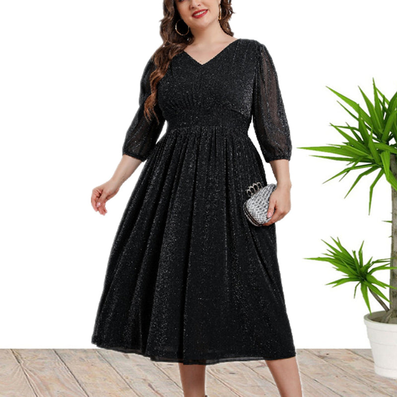 Wholesale Women'S Plus Size Clothing V-Neck See-Through Three-Quarter Sleeves A-Line Temperament Dress